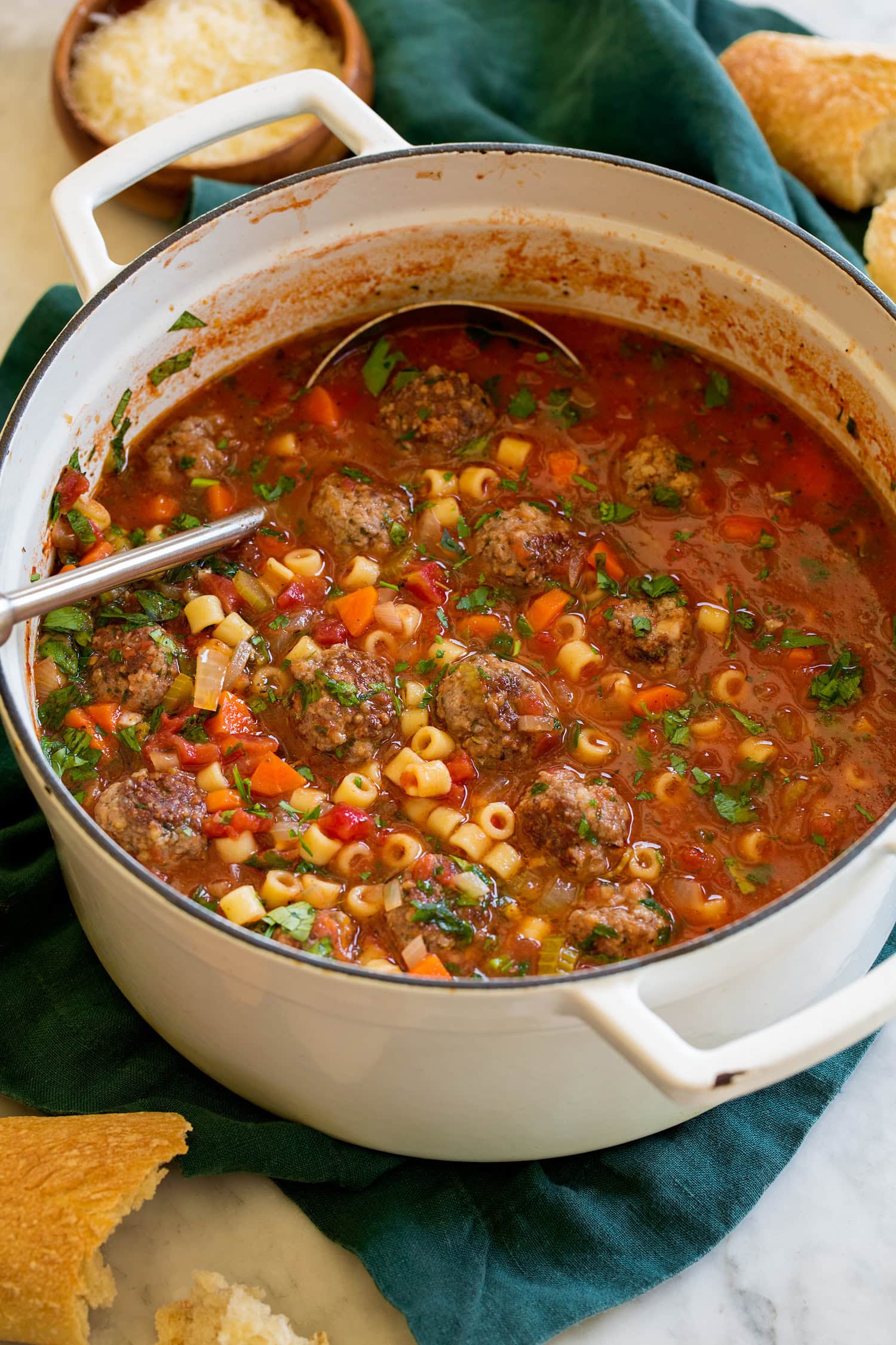 Meatball Soup Pot of meatball soup with ladle.