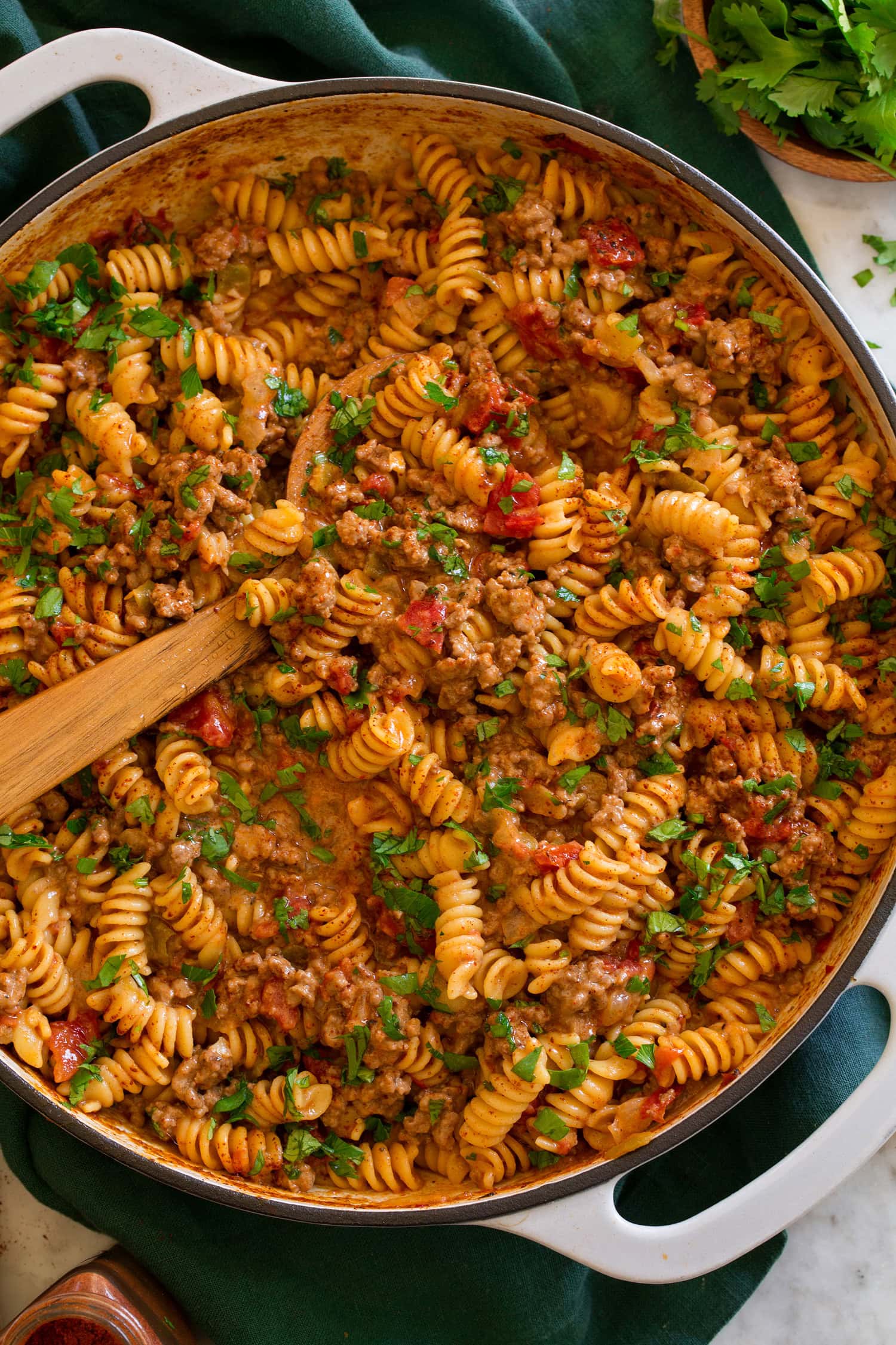 Taco Pasta Taco pasta shown close from overhead in a large skillet.