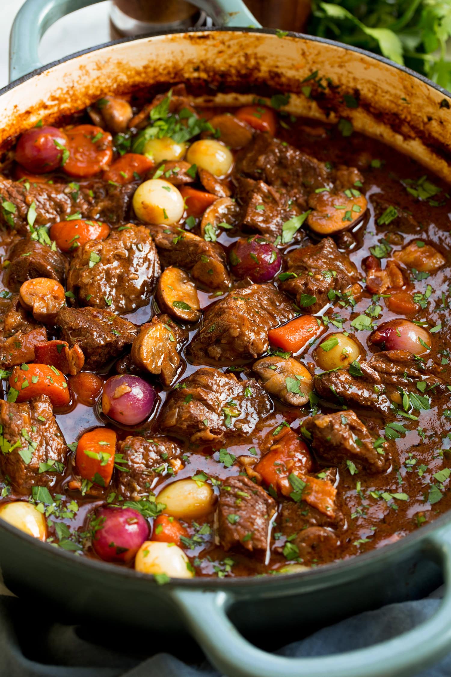 Beef Bourguignon Close up photo of beef bourguignon stew.