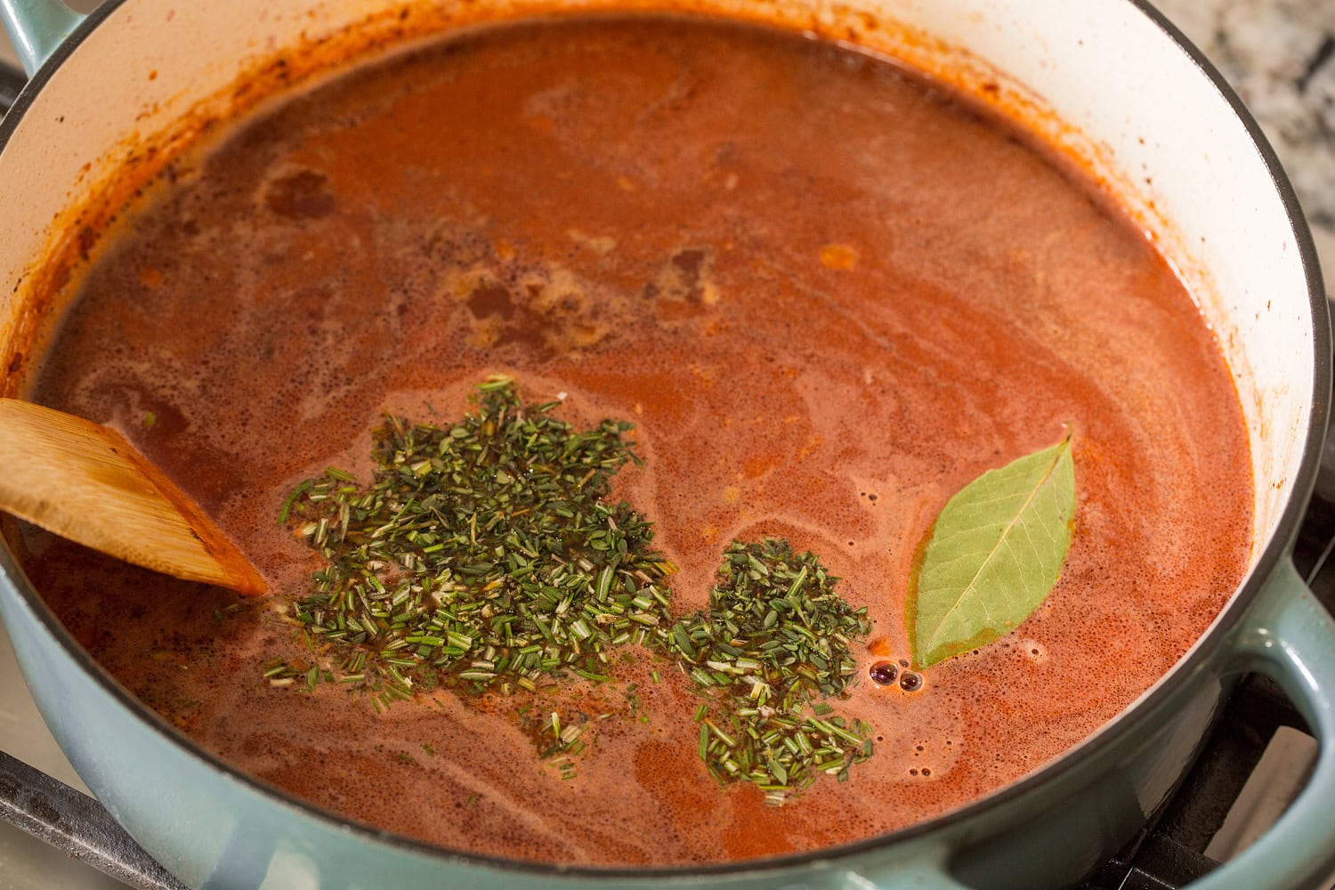 Beef Bourguignon Broth and herbs added to stew.