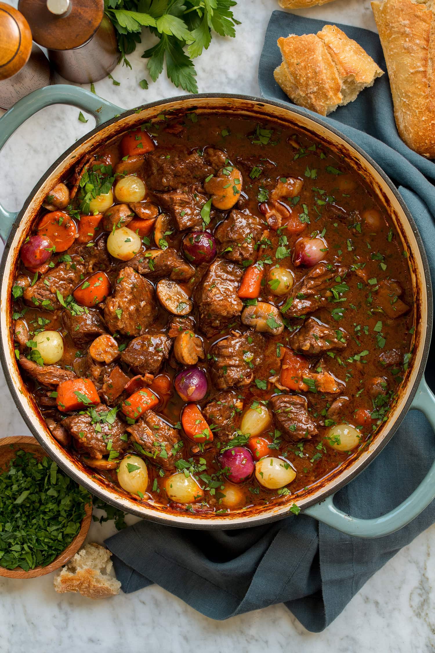 Beef Bourguignon Overhead photo of beef bourguignon french stew.