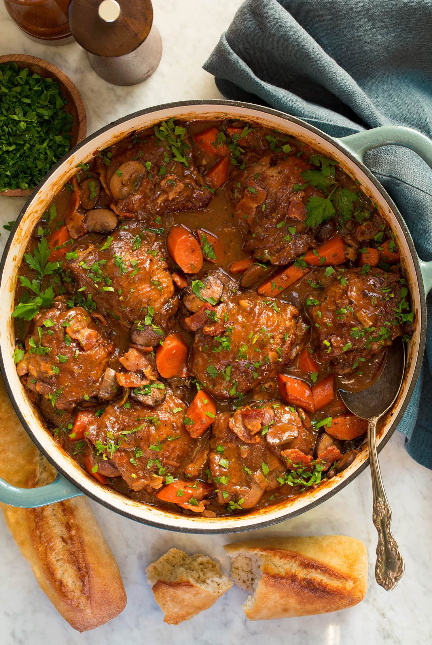 Coq au Vin French style coq au vin shown from overhead in a pot.