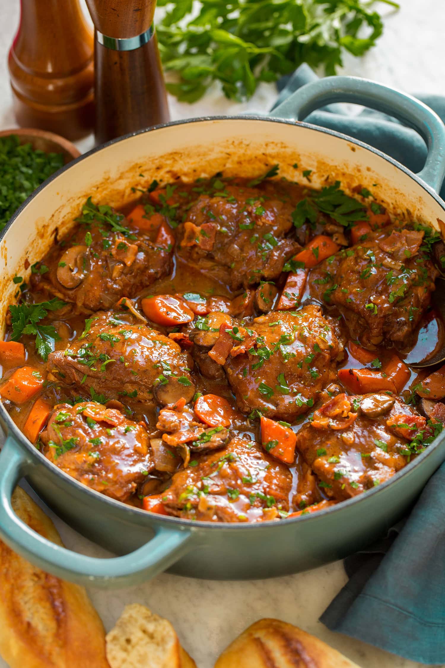 Coq au Vin Coq au vin shown in a braiser pot.