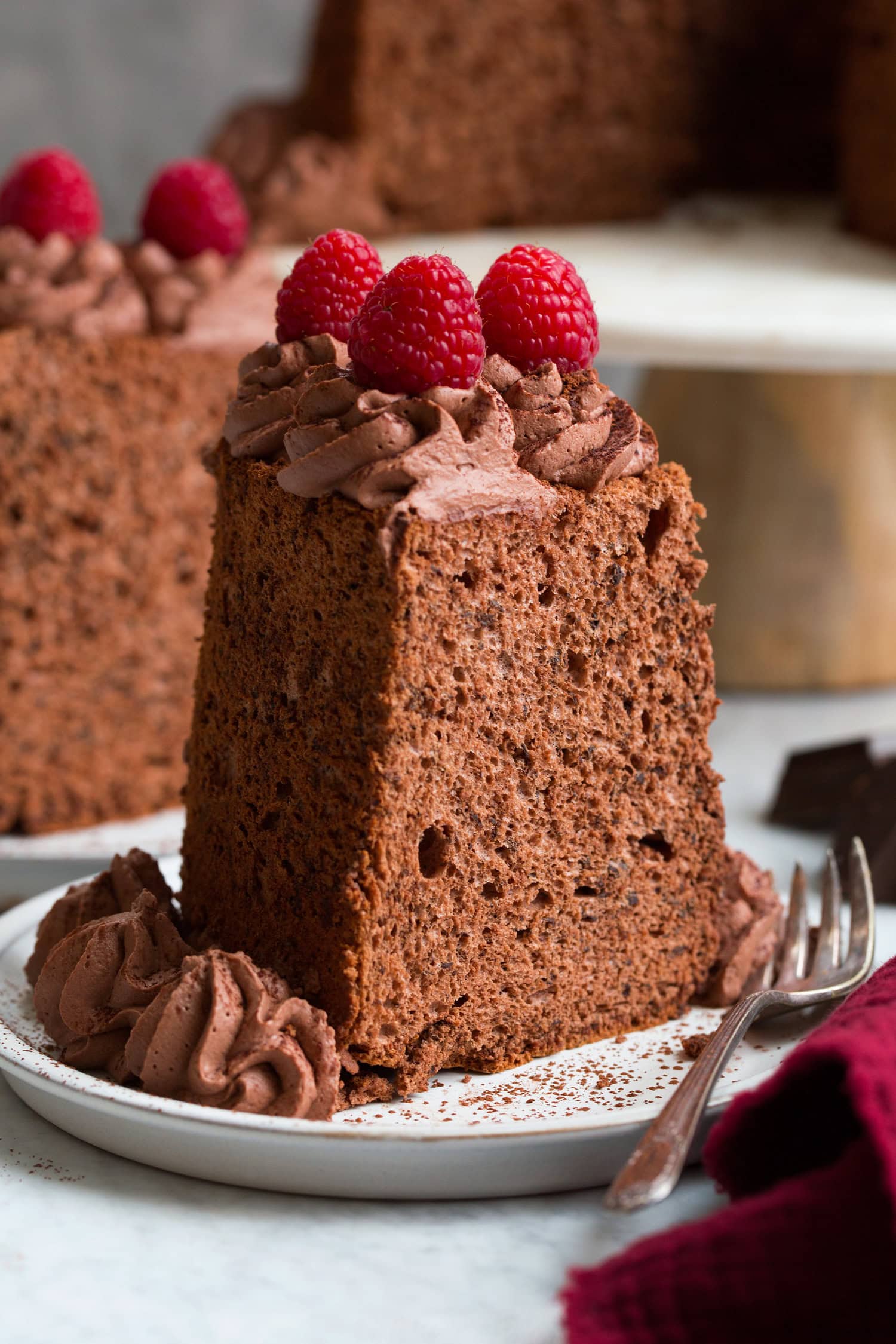 Chocolate Angel Food Cake Single slice close up photo of chocolate angel food cake.