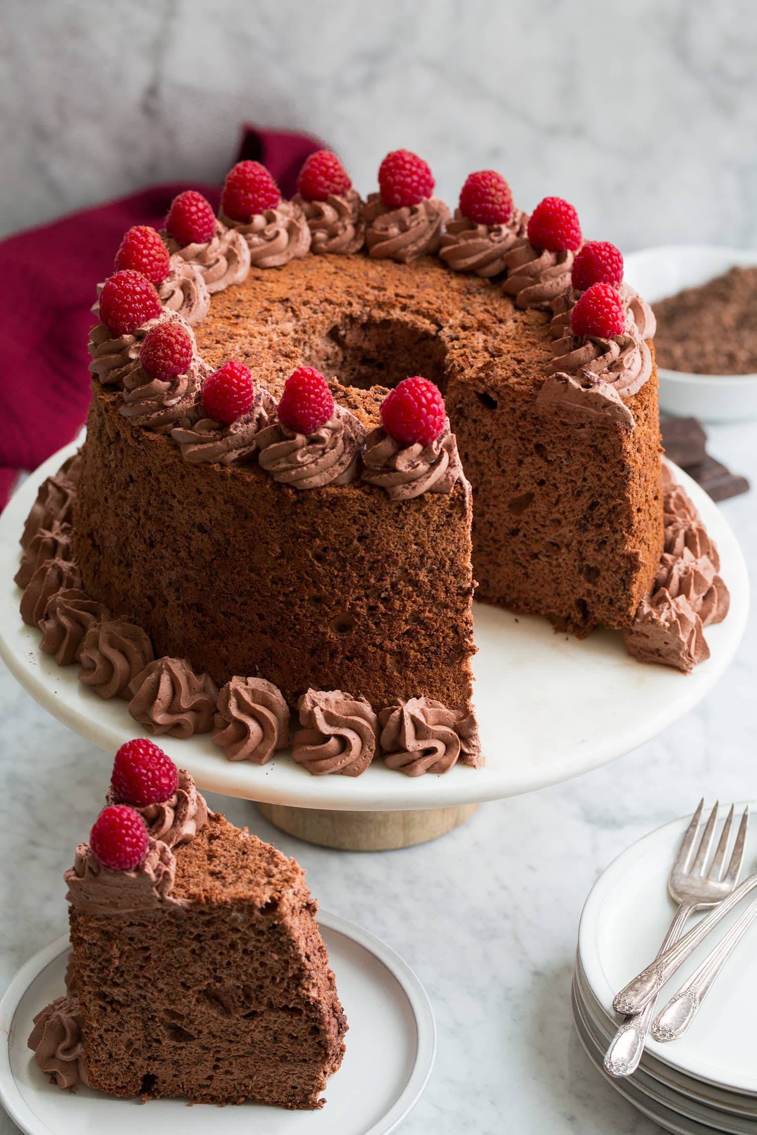 Chocolate Angel Food Cake Angel food cake with cocoa and chocolate bits.