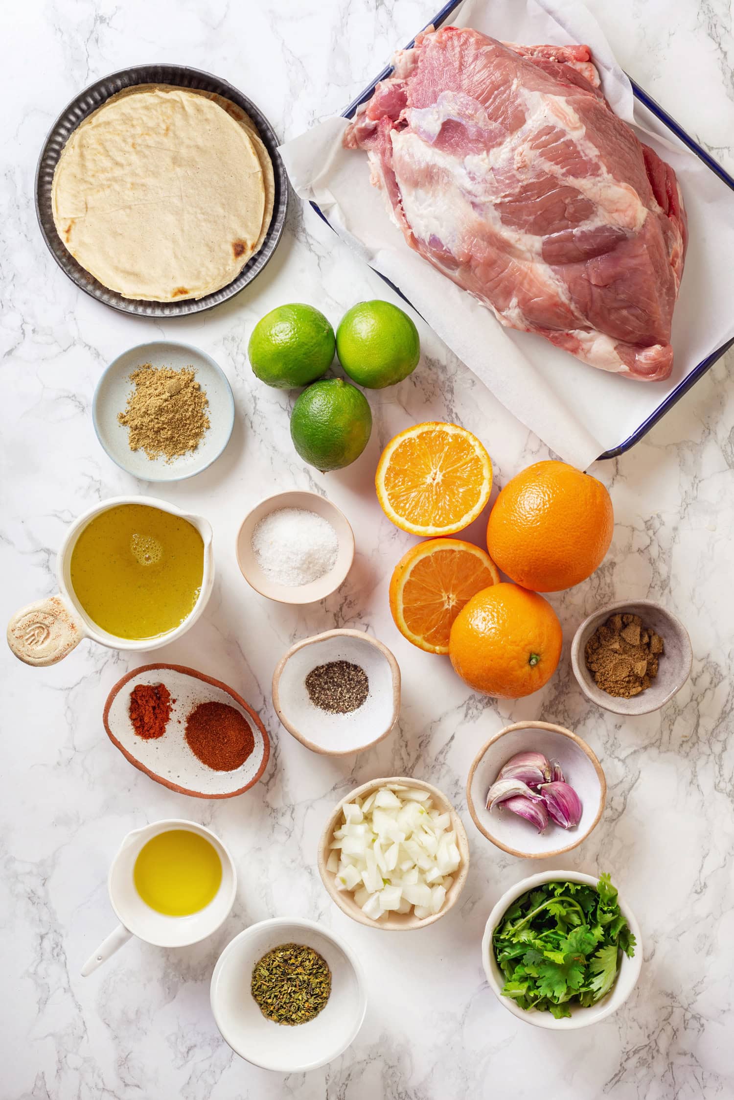 Pork Carnitas Ingredients used to make pork carnitas.