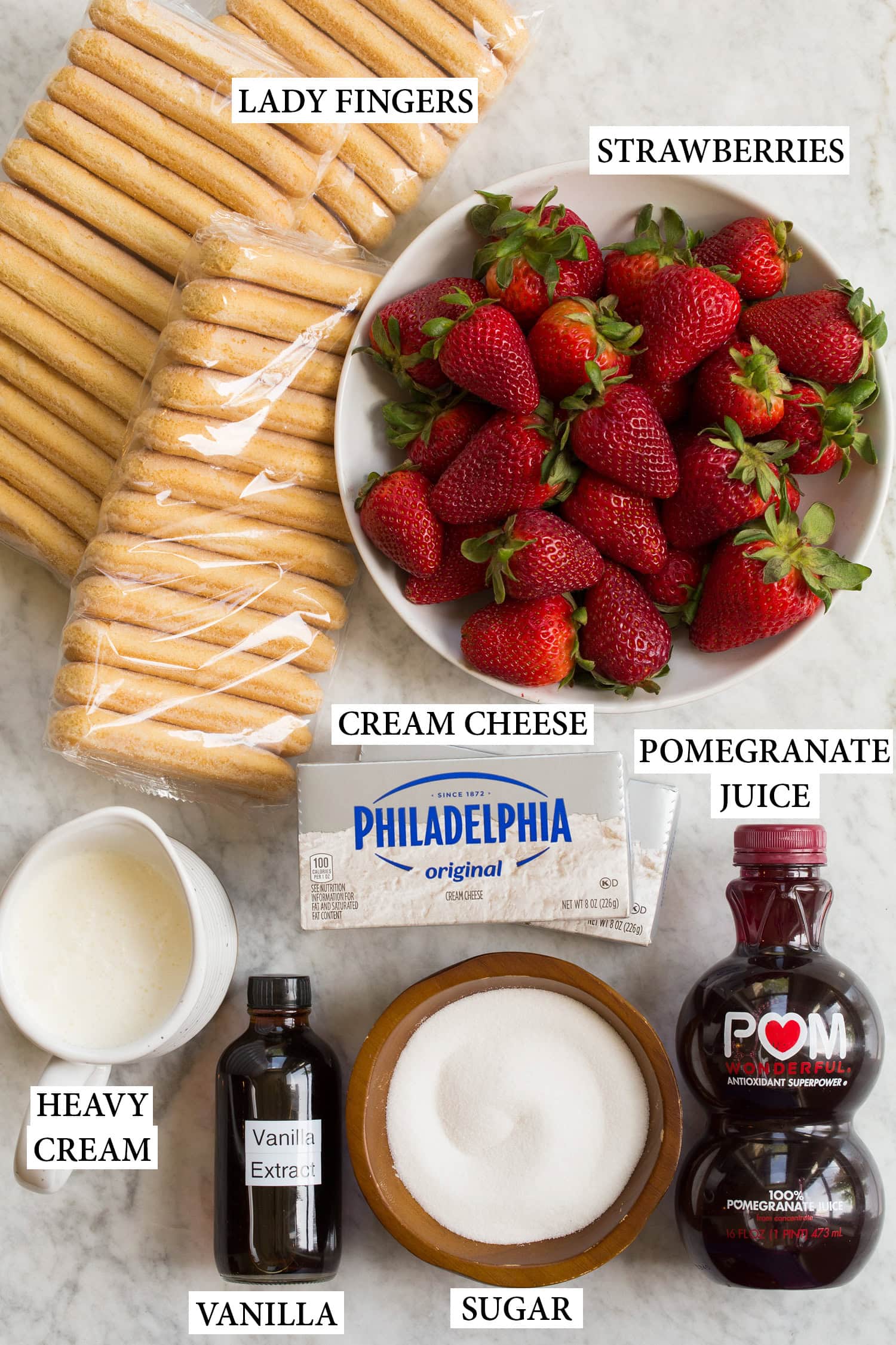 Strawberry Cheesecake Tiramisu Ingredients used to make strawberry cheesecake tiramisu.