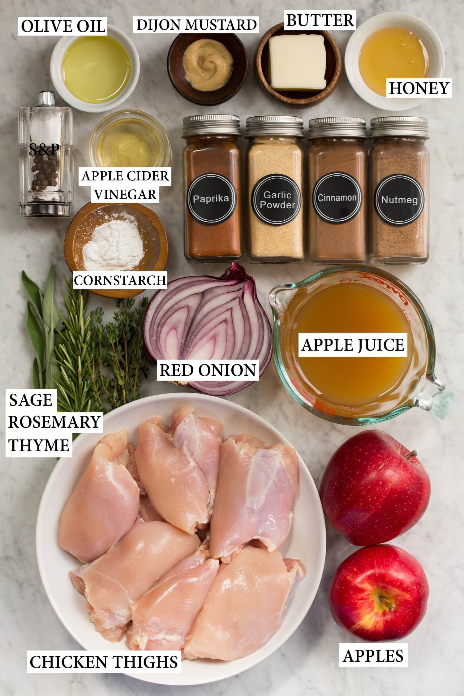 Apple Chicken Ingredients used to make skillet apple chicken.