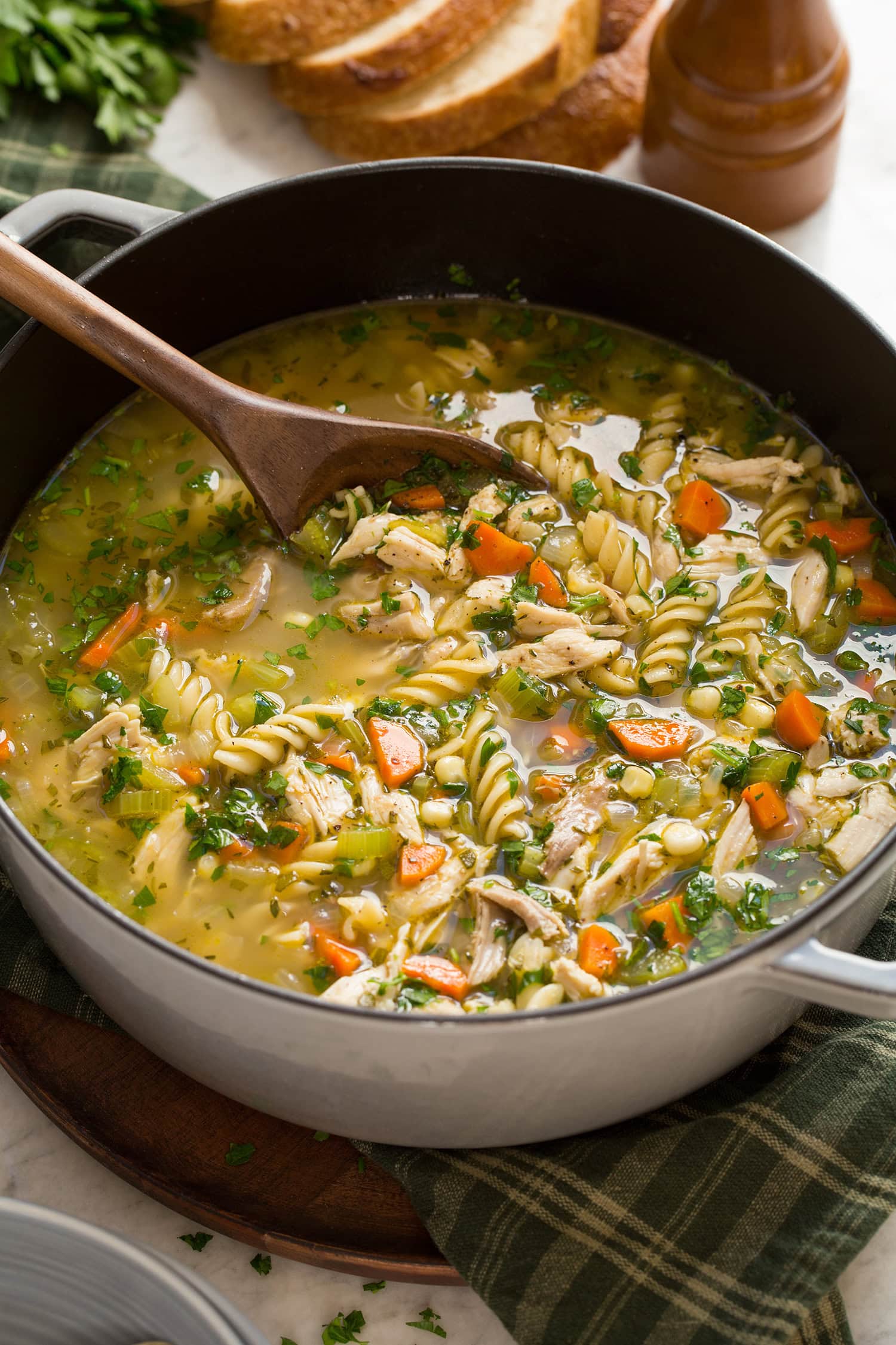 Turkey Soup Close up photo of turkey noodle soup showing veggies, turkey, noodles, herbs and broth.