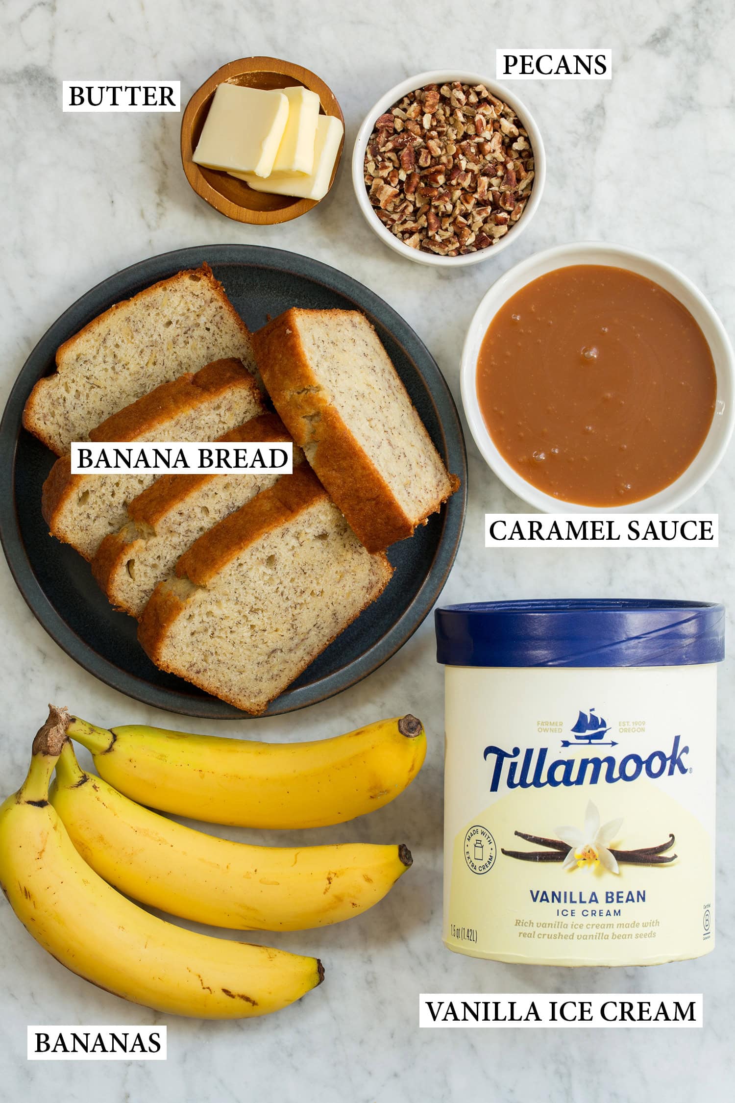 Ingredients used to make a banana bread sundae.